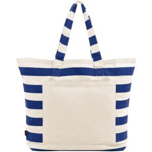 A striped tote bag in navy blue and cream, featuring sturdy handles and a spacious design with a logo.