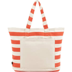A striped tote bag in coral and cream with sturdy handles and a large front pocket.