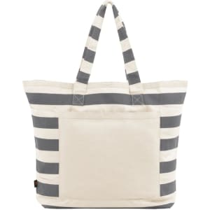 A large tote bag with grey stripes on a cream background, featuring sturdy handles and a pocket.
