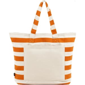 A large tote bag with orange and white stripes and sturdy handles, featuring a pocket on one side.