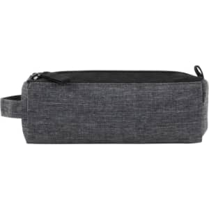 A grey pencil case with a black zipper and a side handle, featuring a simple design and a logo.