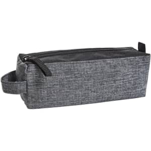 A grey, rectangular bag with a zippered closure and a handle, featuring textured fabric and a branding logo.