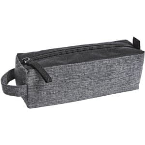 A grey pouch bag with a zip closure and a handle on the side, featuring a textured fabric.