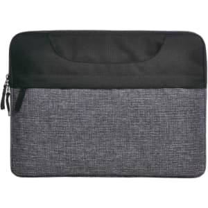 A laptop bag in grey and black, featuring a zip closure and a front pocket. It has a logo present.
