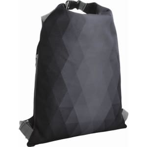 A black and grey patterned backpack featuring a geometric design and adjustable straps. It has a logo on the surface.