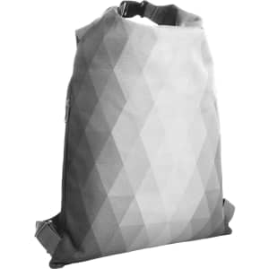 A geometric-patterned backpack in shades of grey, featuring adjustable straps and a logo.