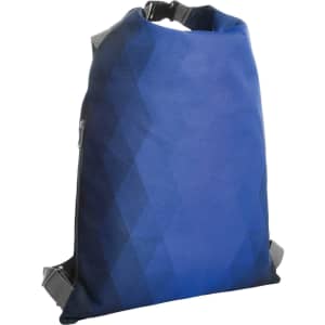 A blue and dark blue patterned backpack with adjustable straps and a zipper. It features branding on the exterior.