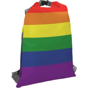 A backpack featuring horizontal rainbow stripes in vibrant colours, with adjustable straps and a zippered pocket.