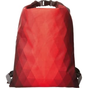 A red and black backpack with a diamond pattern design, featuring adjustable straps and a logo.