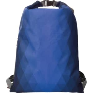 A diamond-patterned backpack in shades of blue with adjustable straps and a logo.