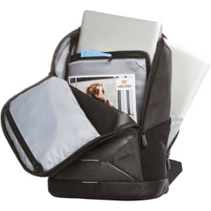 A black laptop backpack with multiple compartments, including space for a laptop and documents. It features a logo.