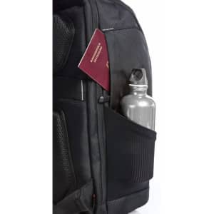 A black backpack featuring an outer pocket with a stainless steel drink bottle and a passport partially visible.