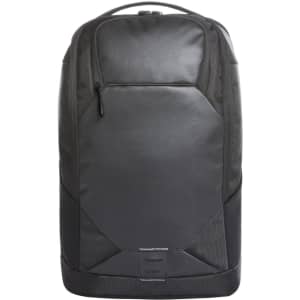 A black laptop backpack with a sleek design and a front zip pocket, featuring a logo on the front.
