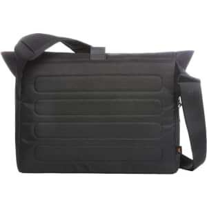 A black laptop bag with a textured surface, featuring a shoulder strap and a logo.