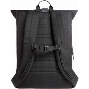 A black Loft Notebook Backpack featuring padded straps and a sleek design. It has a logo on the front.