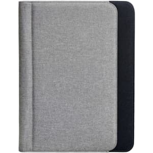 A grey and black conference folder with a textured finish and a logo. Suitable for office and business use.