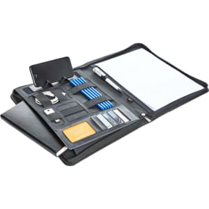 A black conference folder featuring compartments for a phone, pens, business cards, and notepads.