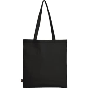 A black tote bag featuring sturdy handles and a logo on the side. The bag is simple and elegant in design.