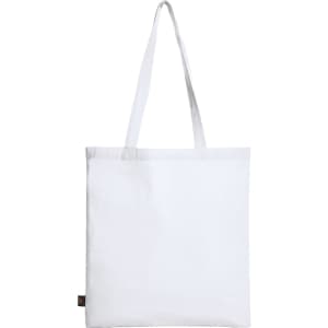 A plain white tote bag with long handles and a small logo on the side.