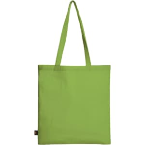 A green tote bag with long handles, featuring a simple design and a logo on the side.