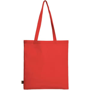 A red tote bag with long handles and a small brand logo on the side.