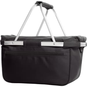 A black cooler shopping bag with metal handles, featuring a zippered pocket and a structured design.