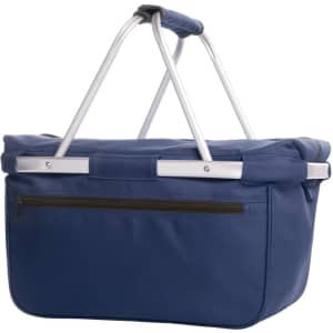A navy blue cooler bag with a sturdy handle and a zippered pocket on the front. It has a metallic frame.