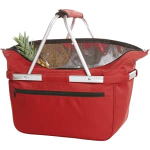 A red cooler bag with a transparent top, featuring silver handles and a zippered pocket. Contains a pineapple inside.