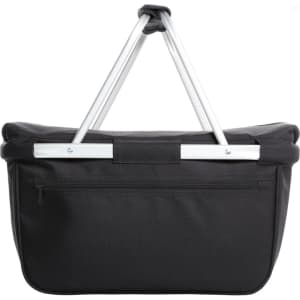 A black cooler bag with a sturdy handle and a zippered pocket at the back, featuring a logo.