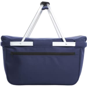 A navy blue cooler bag with a sturdy handle and a zippered pocket on the front, featuring a logo.