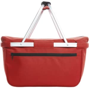 A red cooler bag with a sturdy handle and a zippered pocket on the front. It has a metal frame.