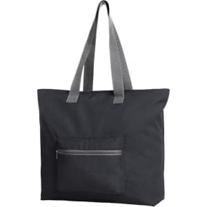 A large black tote bag with grey straps and a front zip pocket. It has a simple design and features branding.