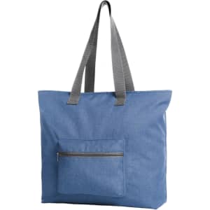 A blue tote bag with grey handles and a front zip pocket. It has a simple design and a logo on it.