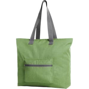 A green tote bag with grey straps and a front zip pocket. It features a simple design and has a logo.