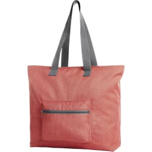 A coral tote bag with grey straps and a front zip pocket. Features a logo on the design.