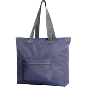 A large navy tote bag with grey handles and a zippered front pocket. It features a logo on the front.
