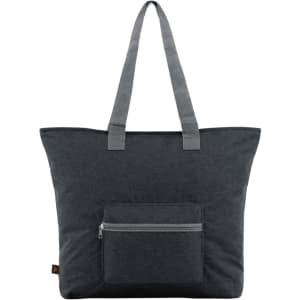 A grey tote bag featuring a front zip pocket and long handles. It has a simple, modern design with a logo.