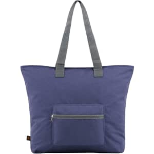 A purple tote bag with grey straps and a front zippered pocket, featuring a small logo.