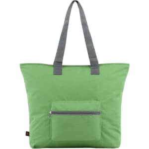 A green tote bag featuring grey straps and a front zip pocket, complemented by a logo.