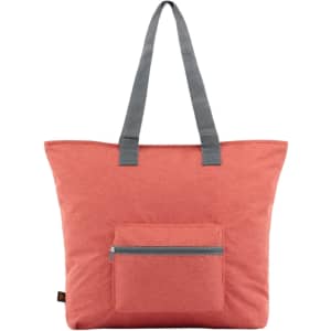 A large coral tote bag with grey straps and a front zip pocket. It features a simple, sleek design.