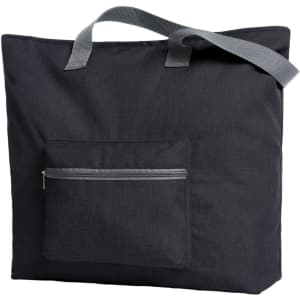 A black tote bag with a grey strap and a front zipped pocket. Features a logo on the side.