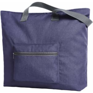 A large navy tote bag with a front zip pocket and grey handles. The bag features a simple, casual design.