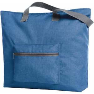 A blue tote bag with a grey handle and a front zip pocket. It features a logo on the side.