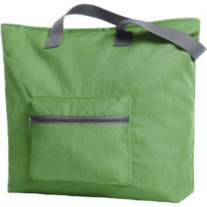 A green tote bag with a zippered pocket, featuring two sturdy handles and a simple design. It has a logo on it.