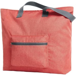 A coral tote bag with a grey handle and a front zippered pocket, featuring a logo.