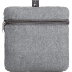 A grey tote bag with a zipper closure and a small branding logo on top.
