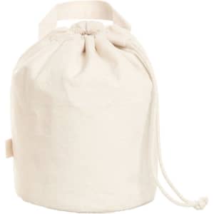 An organic drawstring bag in natural beige with a cinched top and a handle. It features a logo.