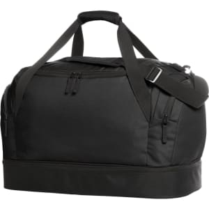 A black duffle bag with sturdy straps and multiple zippered pockets, featuring a logo on the side.
