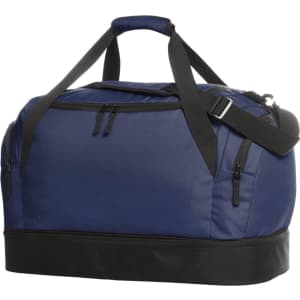 A navy duffle bag with black accents, featuring multiple zippered pockets and adjustable shoulder straps.