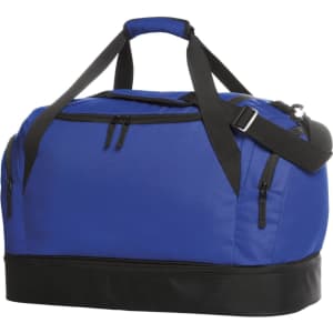A duffle bag in vibrant blue with black accents, featuring zippered pockets and dual handles.